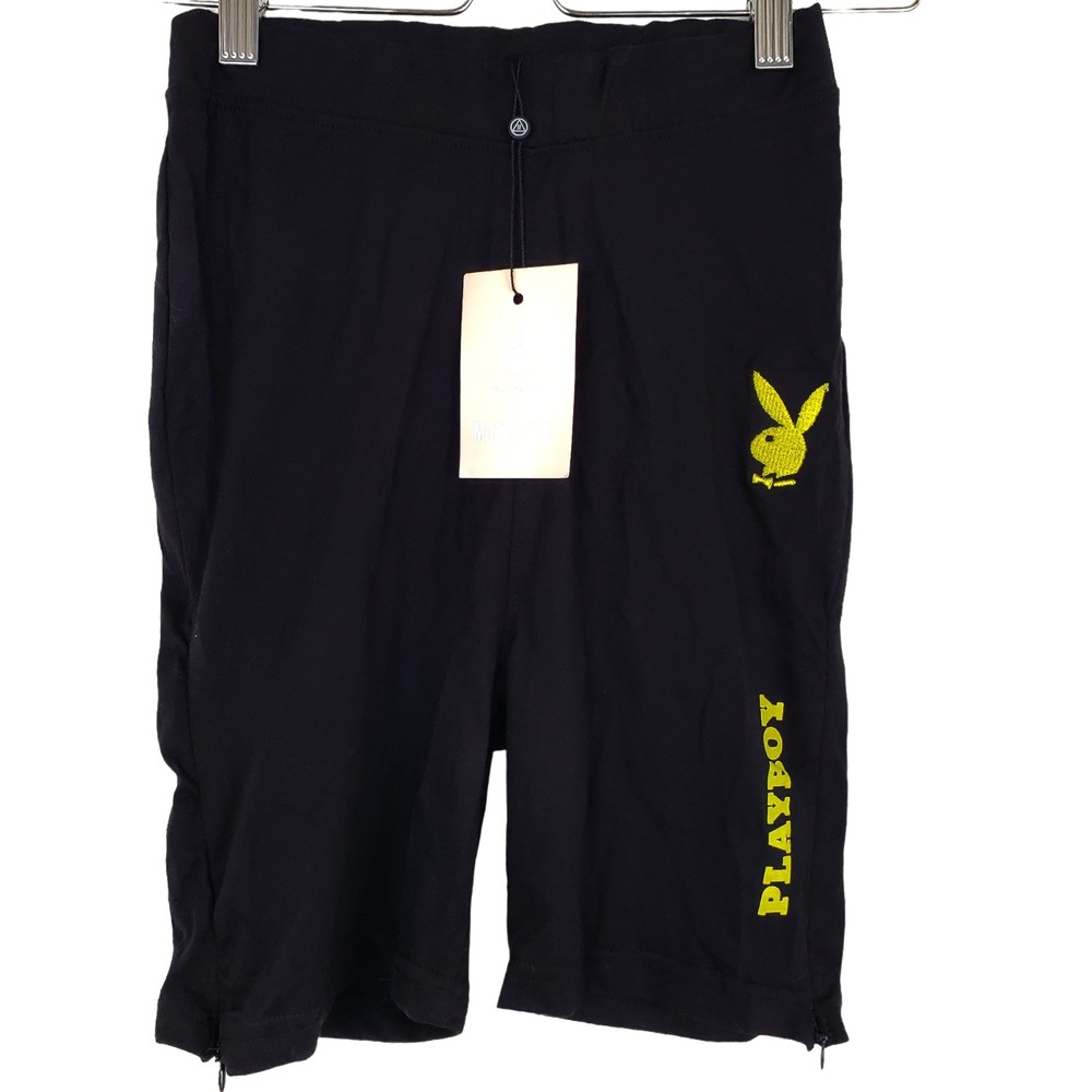 Missguided X Playboy Black Yellow Embroidered Rabbit Bike Cycling Shorts 4 NWT